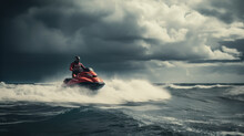 Lifeguard Rushing To Rescue On Jet Ski During Rough Sea Conditions, Generative Ai