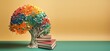 A conceptual illustration of a human brain is depicted as a paper tree with books, emphasizing the importance of education and being eco-friendly. The background includes a copy space. Generative AI
