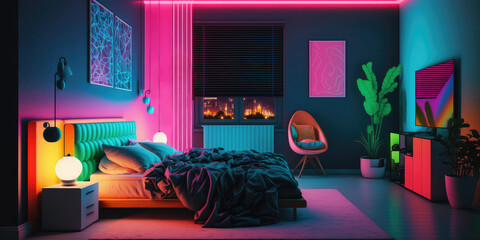 Modern bedroom interior with neon lights in the night. Luxurious stylish apartment interior. Smart home concept with neon light colours. Generated AI image.