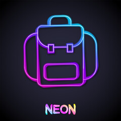 Sticker - Glowing neon line Hiking backpack icon isolated on black background. Camping and mountain exploring backpack. Vector