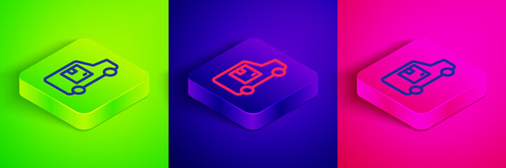 Canvas Print - Isometric line Delivery cargo truck vehicle icon isolated on green, blue and pink background. Square button. Vector