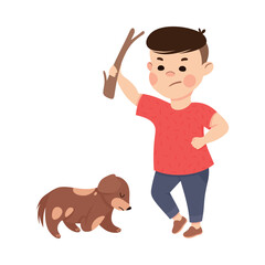 Wall Mural - Offensive Boy Bullying and Abusing Puppy Threatening It with Stick Vector Illustration