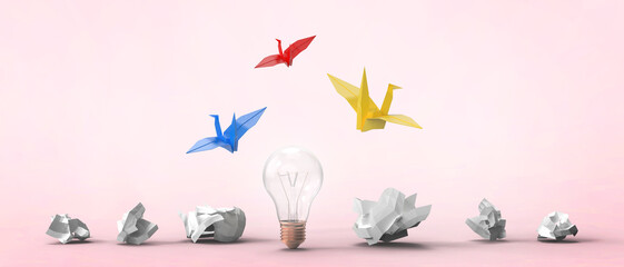 Aufkleber - Light bulb with creating new ideas and ideas in business development ideas through paper bird folding in red background. copy space, banner, website, poste - 3d rendering