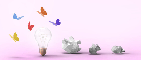 Aufkleber -  Light bulb with creating fun ideas and develop online business through origami paper butterflies in pink background. copy space, banner, website, poste - 3d rendering