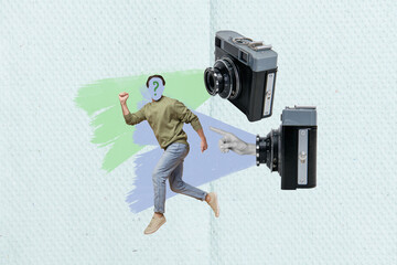 Canvas Print - 3d retro abstract creative artwork template collage of puzzled guy closed face running away vintage cameras isolated painting background