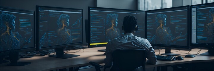 Photo of a man sitting in front of three computer monitors