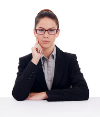 Sticker - She worked hard to get where she is. Studio portrait of a stern-looking young businesswoman wearing glasses isolated on white.