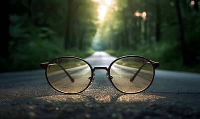 Wall Mural - clear image of a road leading to a source of light behind an eyeglasses, with blur background. generative AI 