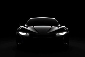 Wall Mural - Front view dark silhouette of a modern sport black car isolated on black background. Created with Generative AI Technology
