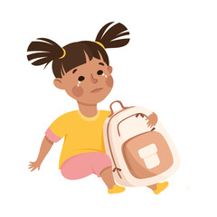 Sticker - Upset crying girl sitting on floor with backpack. Stressed kid. Conflict at school, bullying, intimidation of weak cartoon vector illustration