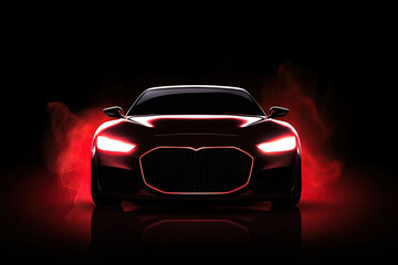Wall Mural - Front view dark silhouette of a modern luxury red car isolated on dark background with red neon light and smoke. Created with Generative AI Technology
