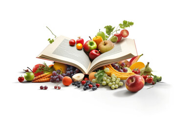 Levitation of open recipe book with fresh vegetables and fruits on white background, Cooking book ingredients, vegetarian diet flying food, AI Generative.