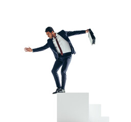 Wall Mural - Young businessman jumping off a block of stairs on a transparent background