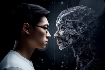 Poster - Person looking at a robotic Artificial intelligence version of themselves. Deep fake. Generative ai