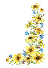 Floral Corner Frame. Summer Yellow Daisies, Field Blue Bells, Green Leaves. Meadow Bouquet In A Flower Arrangement With Space For Text. Hand Drawn Watercolor Illustration On White Background.