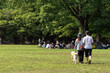 © paru - 公園で犬と散歩する男女