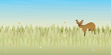 Young Deer Roamed At Meadow In The Morning Flat Design Vector Illustration Have Blank Space For Any Wording.