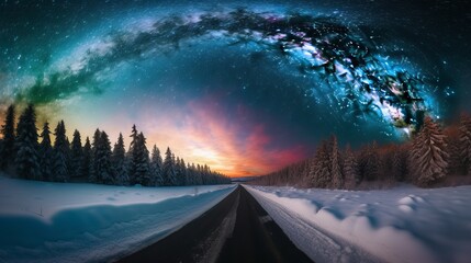 Celestial Dawn: A Snowy Road to the Milky Way