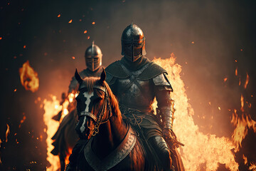Wall Mural - Knights on battlefield after victory. Everything is on fire. Knights are a warrior in armor and helmets. Medieval Fantasy Battle