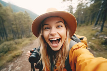 Happy female tourist with backpack taking selfie picture with smartphone, Generative Ai 