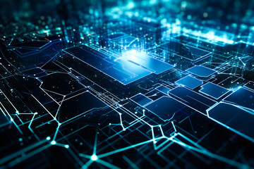 Poster - Blue abstract technology background. Abstract information technology, communications or artificial intelligence concept. Created with Generative AI technology.