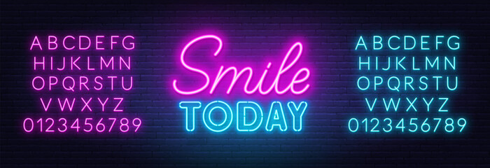 Wall Mural - Smile Today neon lettering on brick wall background.
