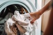  hand putting dirty clothes in washing machine, ai generative