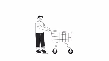 Poster - Animated bw man with push cart. Smiling boy on grocery shopping animation. Isolated 2D flat monochromatic thin line character 4K video footage on white with alpha channel transparency for web design
