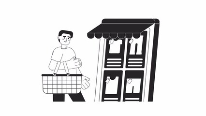Poster - Buying in online store bw animation. Animated guy holding shopping basket 2D flat monochromatic thin line character. M-commerce 4K video concept footage with alpha channel transparency for web design