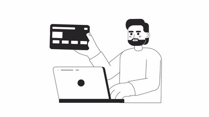 Poster - Making payment online bw animation. Animated man at laptop rise up card 2D flat monochromatic thin line character. Transaction 4K video concept footage with alpha channel transparency for web design