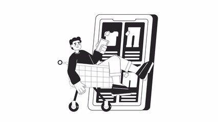 Poster - Mobile commerce bw animation. Animated boy in trolley shopping online 2D flat monochromatic thin line character. Clothing app 4K video concept footage, alpha channel transparency for web design