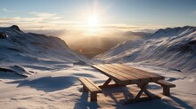 Wooden Table With Panorama View On Snowy Mountain Landscape, Generative AI