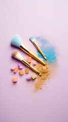 Poster - Makeup brushes and pastel colorful blush powder splatter on pastel background. shimmer powder, eyeshadow, highlighter. Without people, Illustration. Generative AI