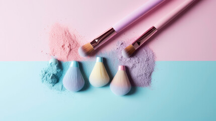 Makeup brushes and pastel colorful blush powder splatter on pastel background. shimmer powder, eyeshadow, highlighter. Without people, Illustration. Generative AI