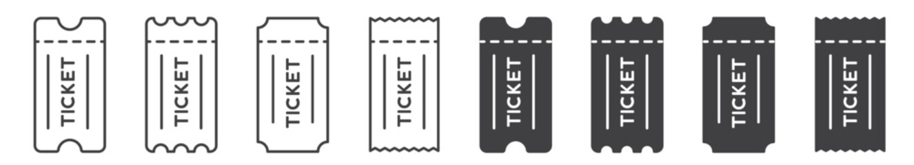 flight, plane or train ticket vector icon set. isolated movie or cinema show line icon collection. lottery ticket black outline thin symbol. Stock vector set