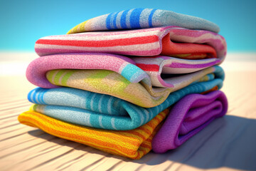 Poster -  A stack of colorful and fun beach towels, ready to be used for a day in the sun.Generative AI technology.
