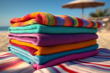 Poster -  A stack of colorful and fun beach towels, ready to be used for a day in the sun.Generative AI technology.
