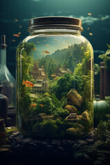 Poster - A refreshing iced drink in a mason jar with slices of lemon and mint. Generative AI technology.
