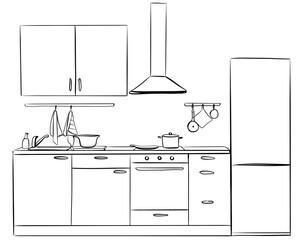 Kitchen cupboard, kitchen shelves, hand drawn interior