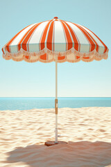 Poster - A classic striped beach umbrella for shade on sunny days. Generative AI technology.
