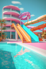 Poster - A fun and colorful poolside slide. Generative AI technology.
