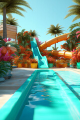 Poster - A fun and colorful poolside slide. Generative AI technology.
