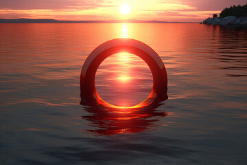 Poster - A circle with a gradient of warm colors, representing a sunset over the water.. Generative AI technology.
