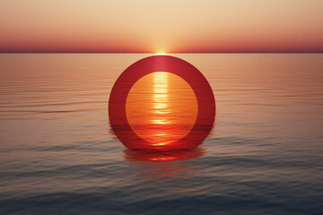 Fototapete - A circle with a gradient of warm colors, representing a sunset over the water.. Generative AI technology.