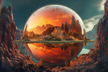 Aufkleber - A circle with a gradient of warm colors, representing a sunset over the water. :. Generative AI technology.