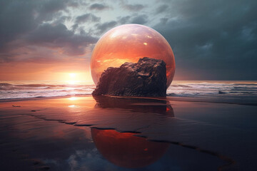 Fototapete - A circle with a gradient of warm colors, representing a sunset over the water. :. Generative AI technology.