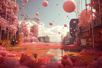 Poster - A series of concentric squares in shades of pink and red, evoking a blooming flower. . Generative AI technology.