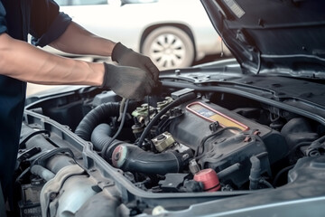 Services car engine machine concept, Automobile mechanic repairman hands repairing a car engine automotive workshop with a wrench, car service and maintenance. - Generative AI