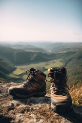 Canvas Print - A pair of hiking boots sitting on top of a rock. AI generative image. Generative AI