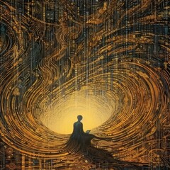 Man sitting on the edge of a tunnel with binary code in the center ai generative